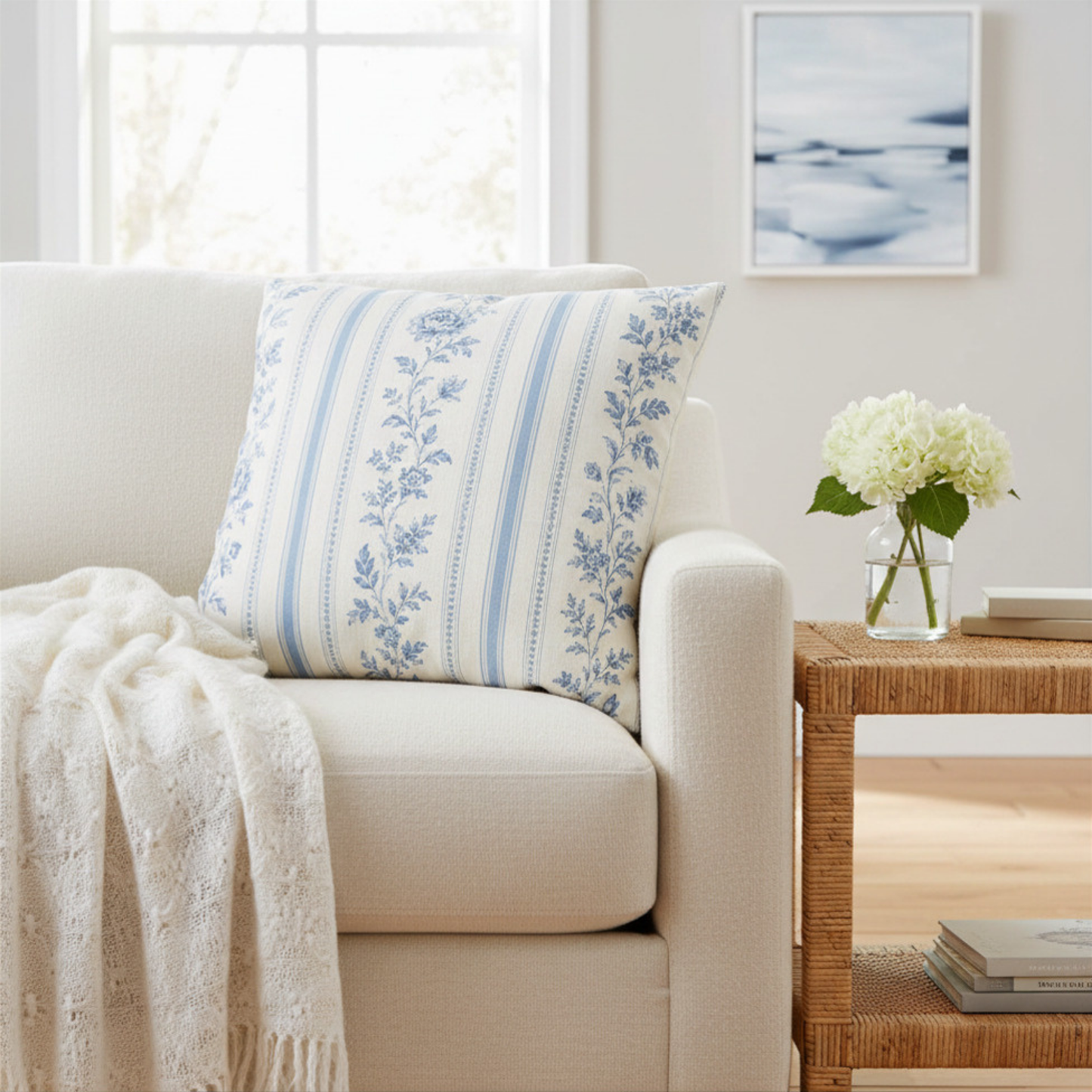 Coastal Equestrian Blue Toile Floral Stripe Pillow Cover