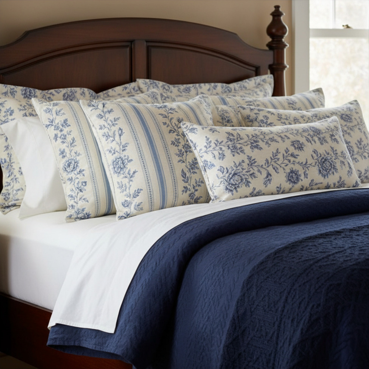 Coastal Equestrian Blue Toile Floral Stripe Pillow Cover