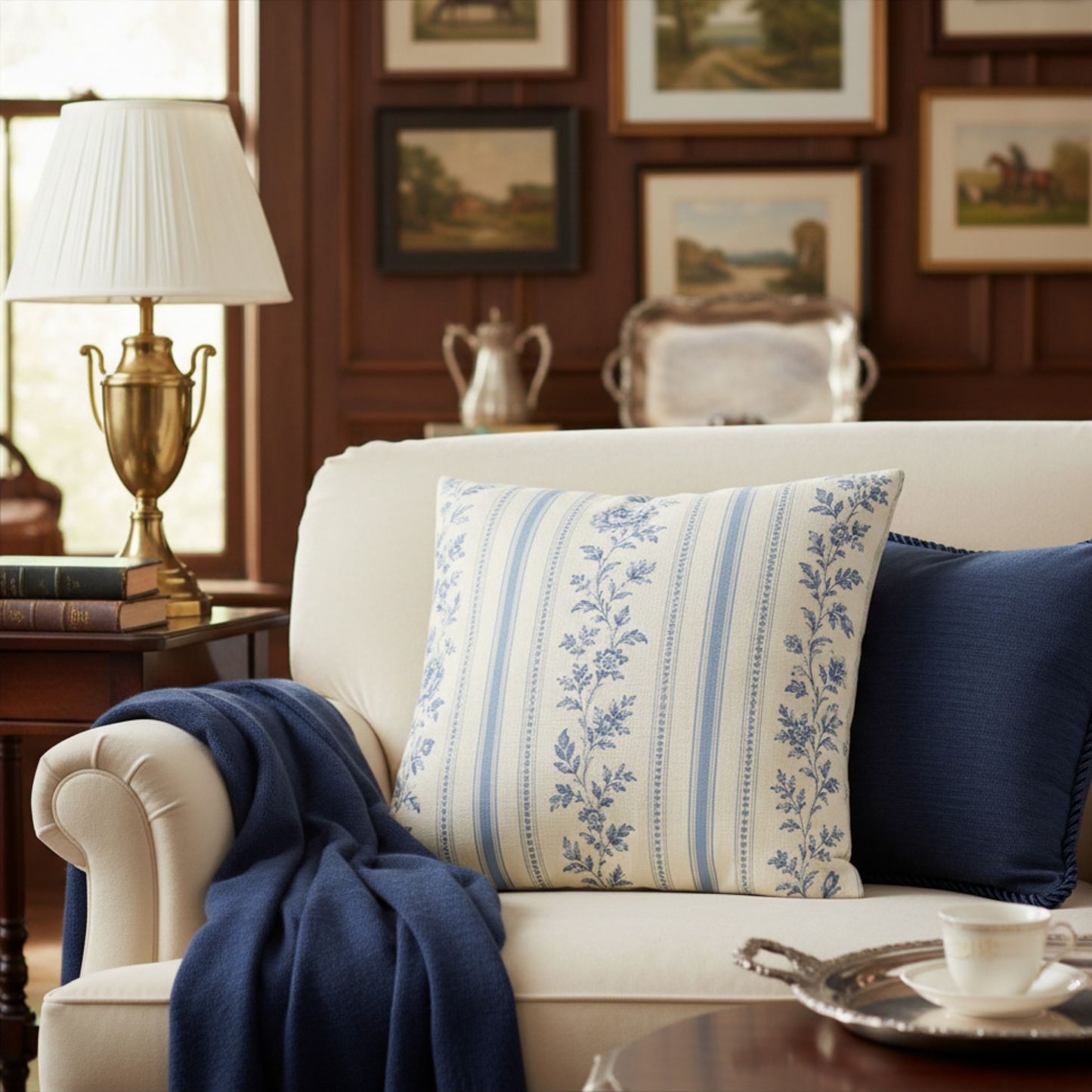 Coastal Equestrian Blue Toile Floral Stripe Pillow Cover