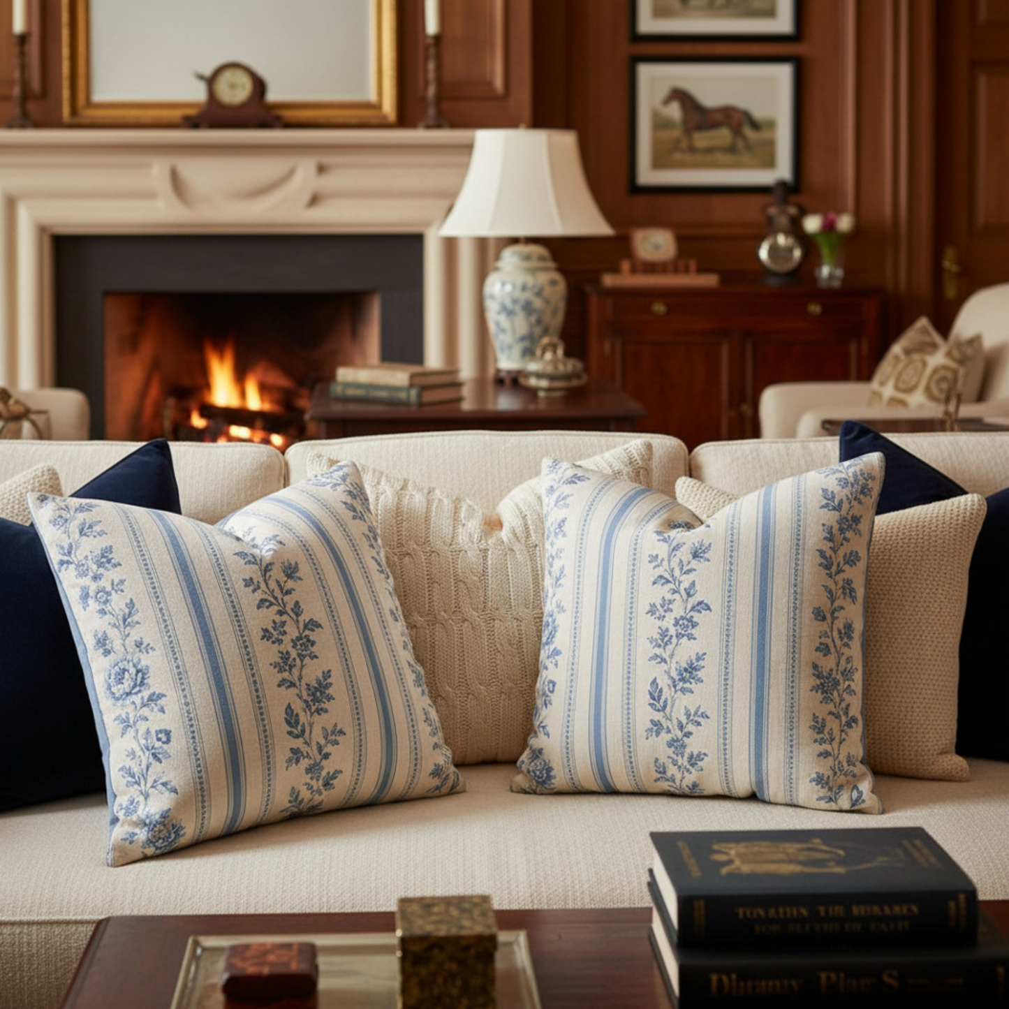 Coastal Equestrian Blue Toile Floral Stripe Pillow Cover