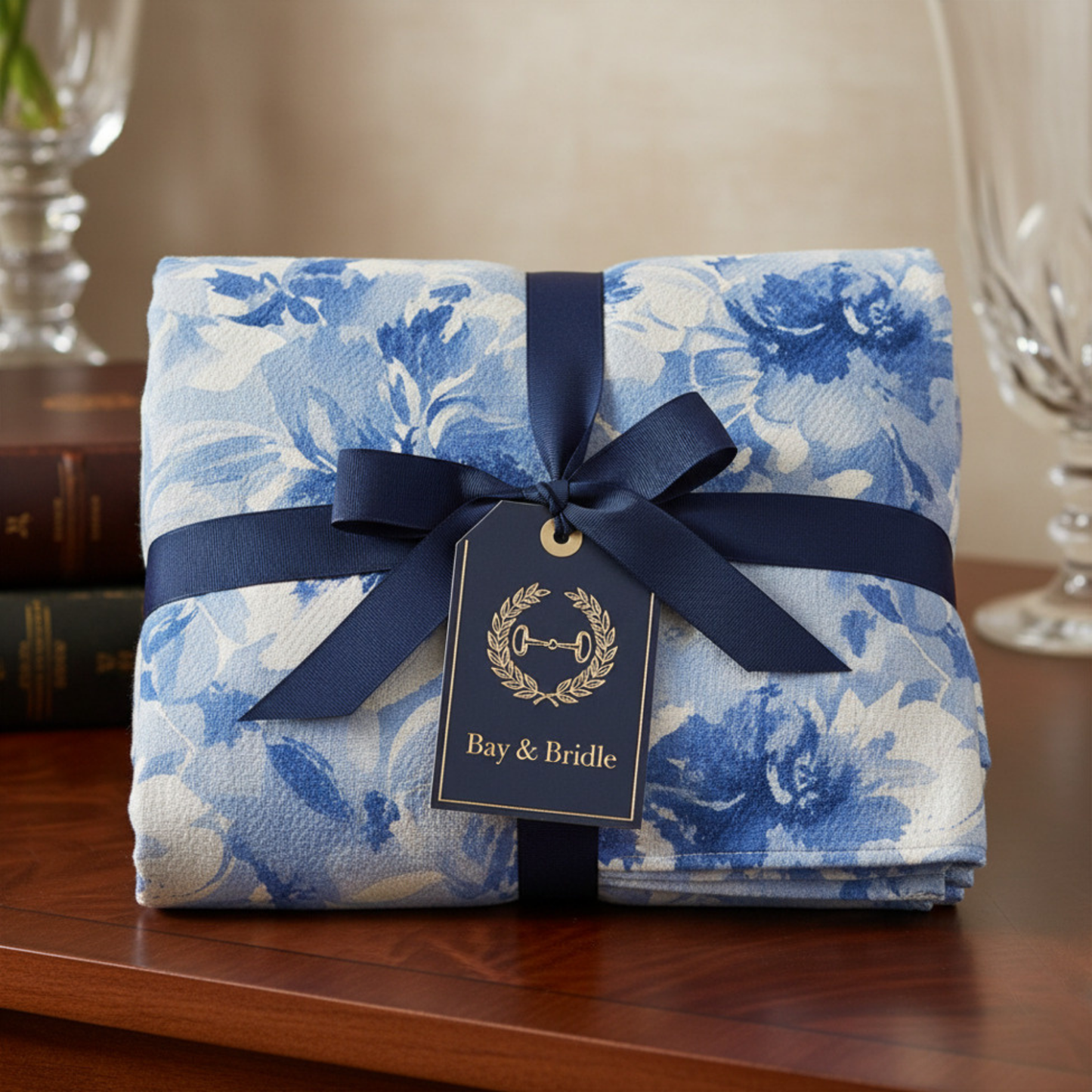 French Blue & Ivory Floral Quilted Throw Blanket – Coastal Equestrian Luxury Blanket (50"x60")