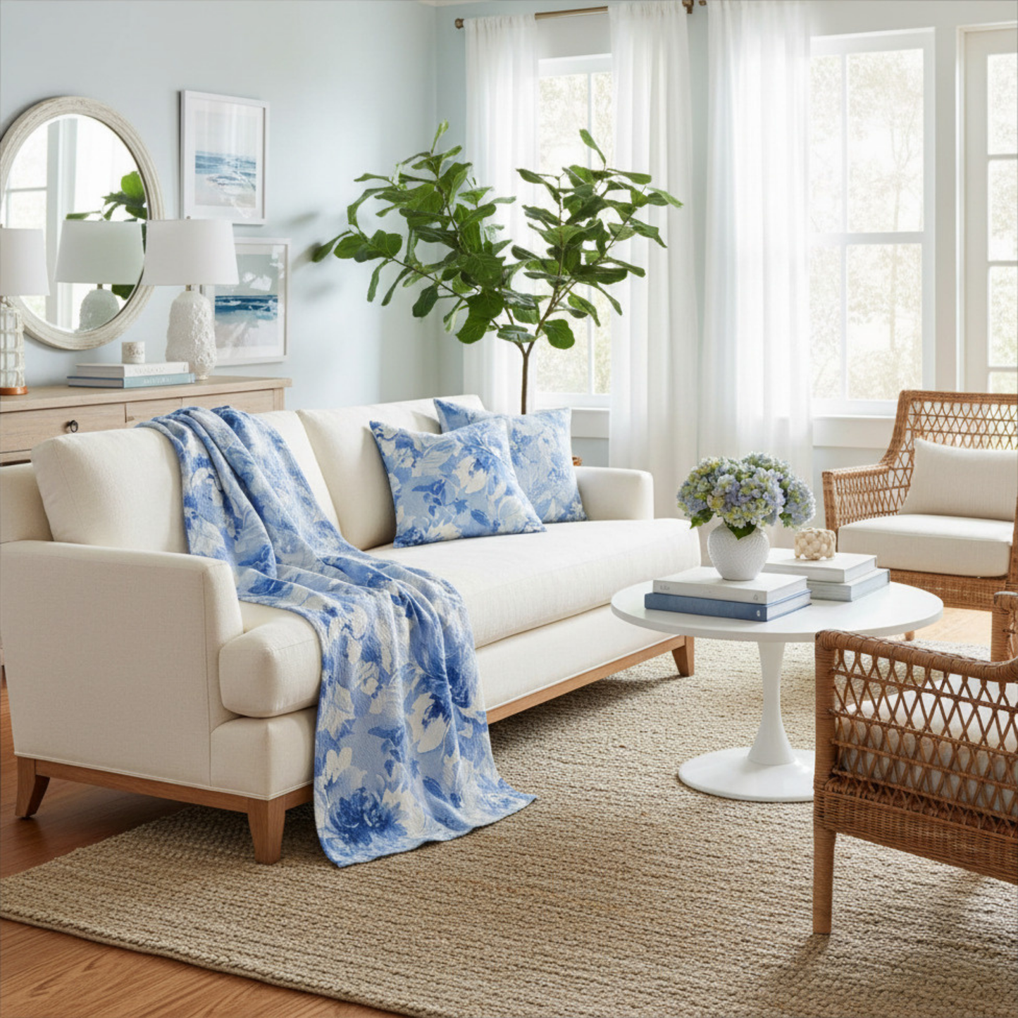 French Blue & Ivory Floral Quilted Throw Blanket – Coastal Equestrian Luxury Blanket (50"x60")