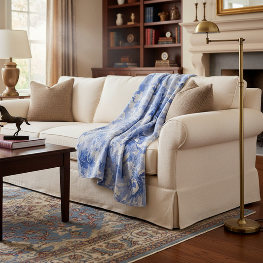 French Blue & Ivory Floral Quilted Throw Blanket – Coastal Equestrian Luxury Blanket (50"x60")
