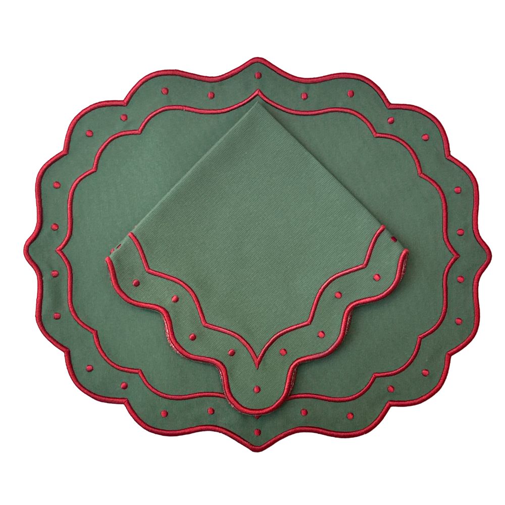A green fabric napkin with a scalloped edge and red piping trim, folded on top of a matching larger green placemat with red trim and small red dots, shown on a white background.