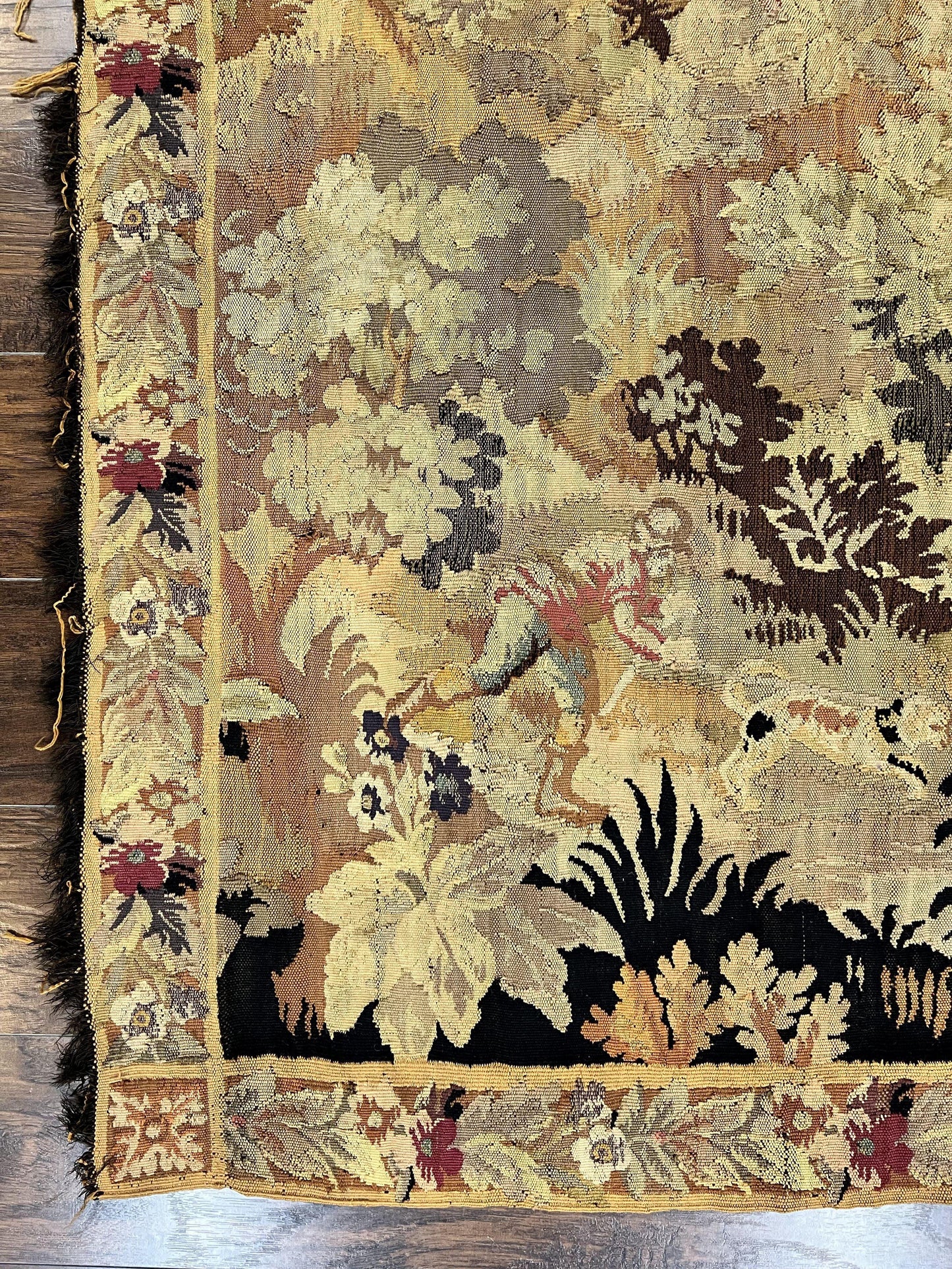 Antique French Tapestry 6x5 ft, European Handmade Wool Aubusson Weave Vintage Tapestry