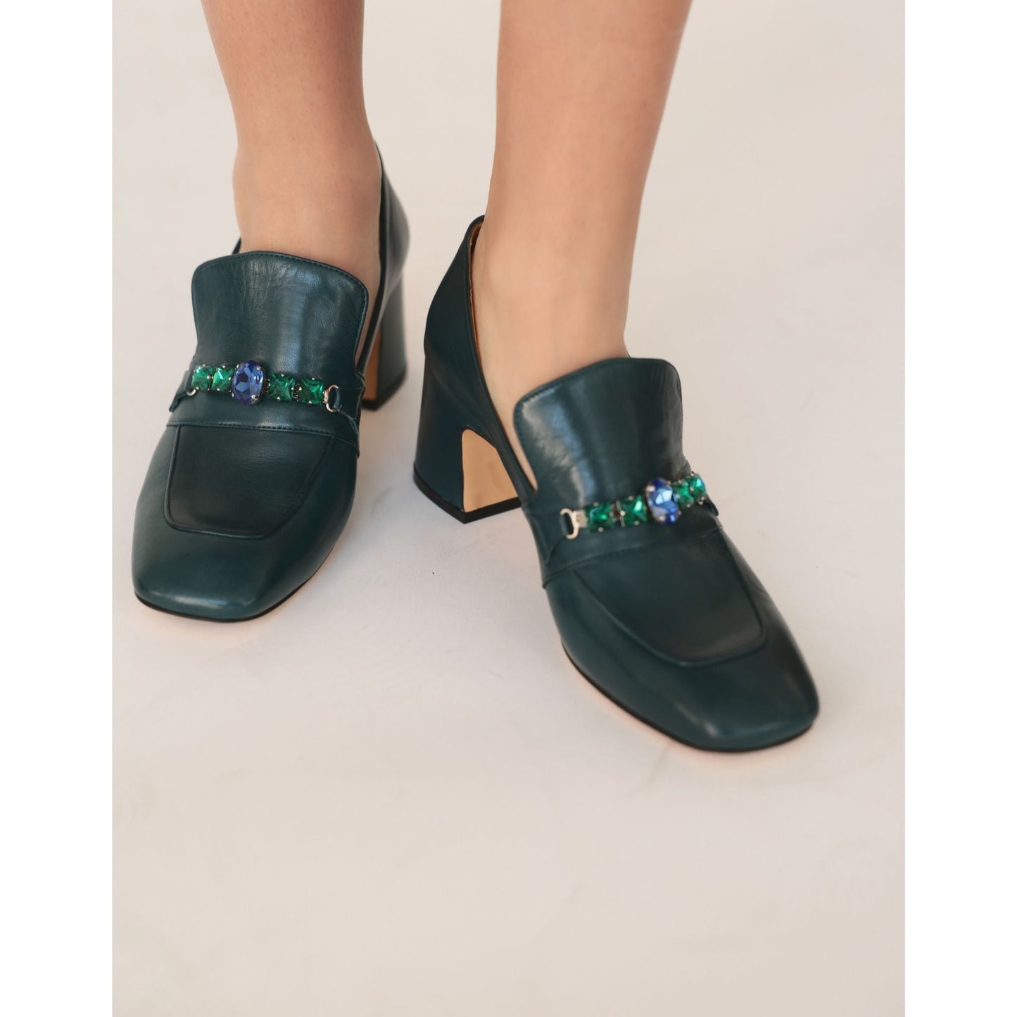 Black Leather Mid Heel Jeweled Loafer