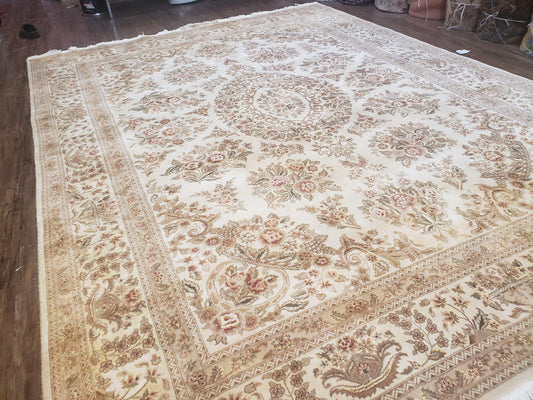 Sino Persian Rug 8x11, Ivory Floral Carpet, Vintage Wool Rug, Elegant Dining Room Rug, Hand Knotted Oriental Rug