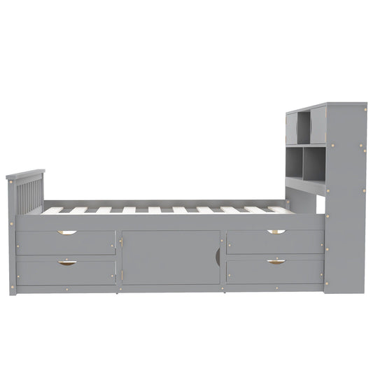 Captain Platform Bed Frame With Bookcase Headboard, 4 Drawers, Storage Shelves
