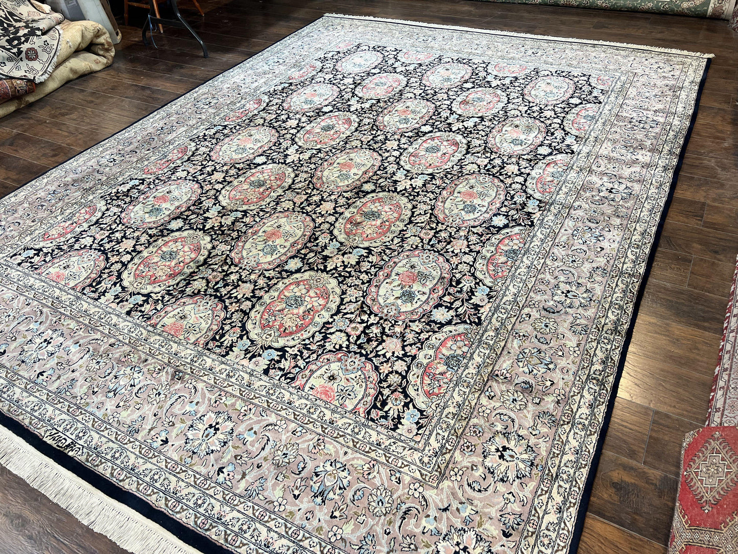 Sino Persian Rug 9x12, Navy Blue and Pink Hand Knotted Wool and Silk Highlights Vintage Oriental Carpet, Handmade Floral Area Rug 9 x 12 ft