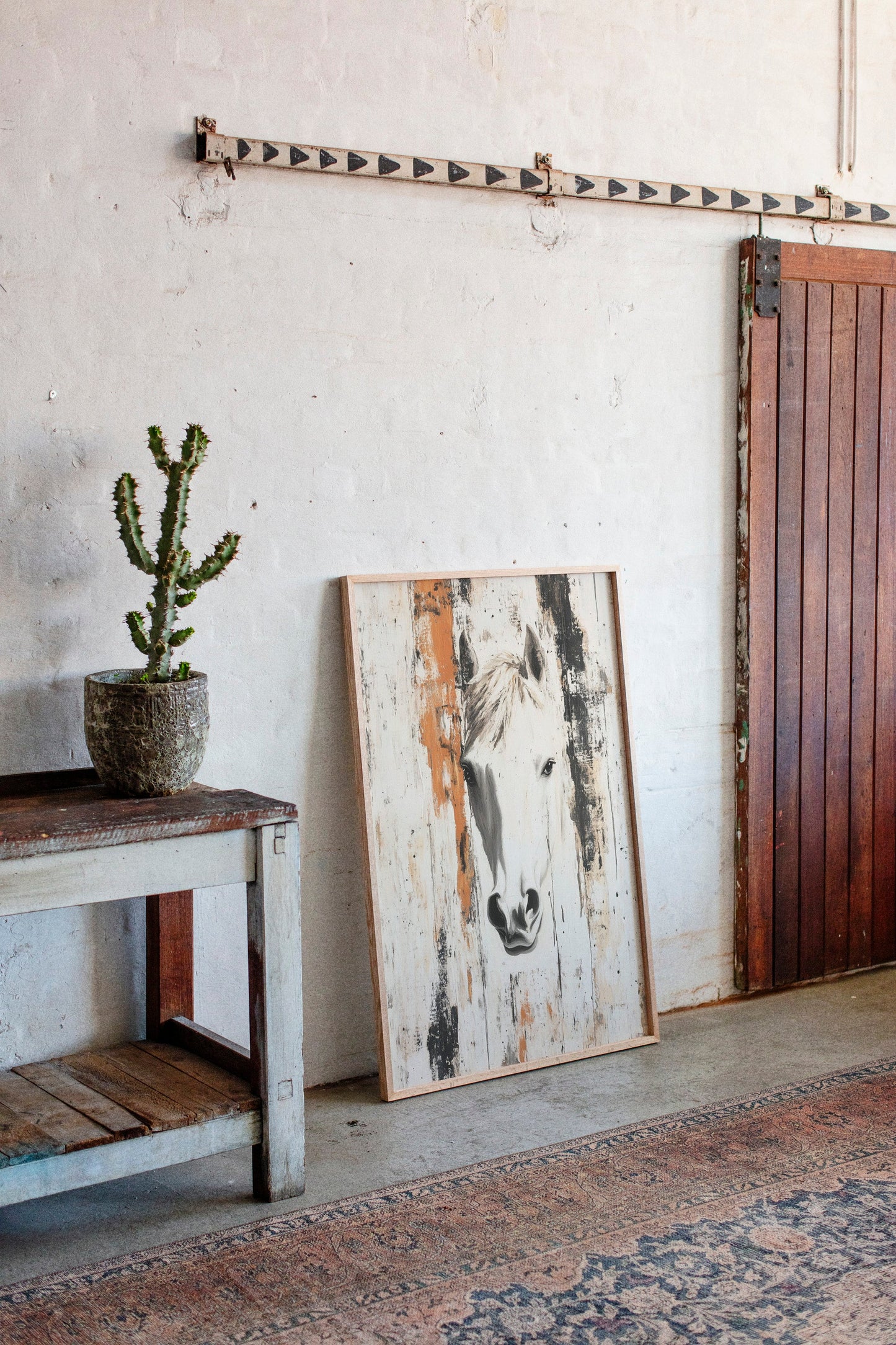 White Horse Against Rustic Planks
