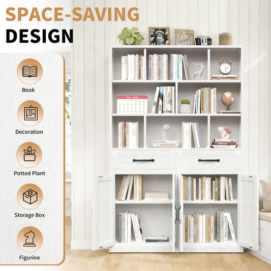 Bookcase Tall With 2 Doors & 2 Drawers, Fixed Open Shelves - White