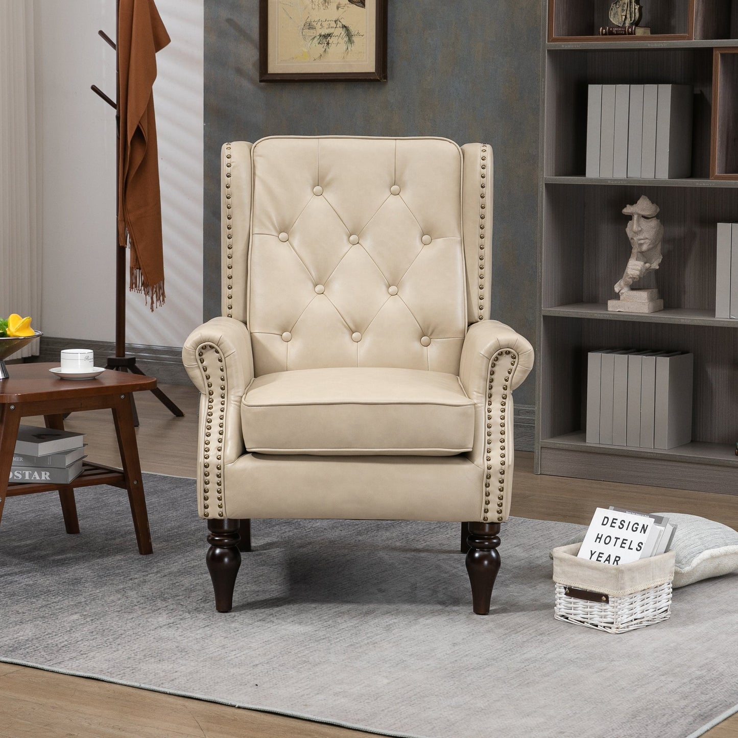 Accent Lounge Chair PU Leather Camel Rubber Wood Legs Sinuous Springs 250 LB
