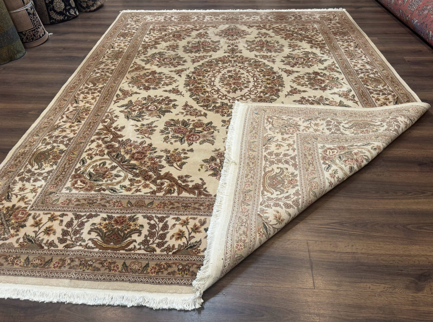 Sino Persian Hand-Knotted Wool & Silk Floral Area Rug – Beige, 8' x 10'