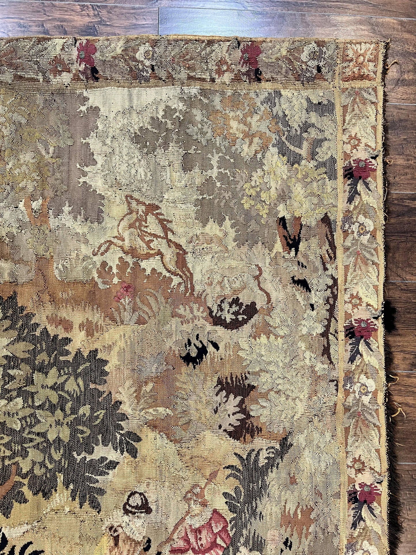 Antique French Tapestry 6x5 ft, European Handmade Wool Aubusson Weave Vintage Tapestry