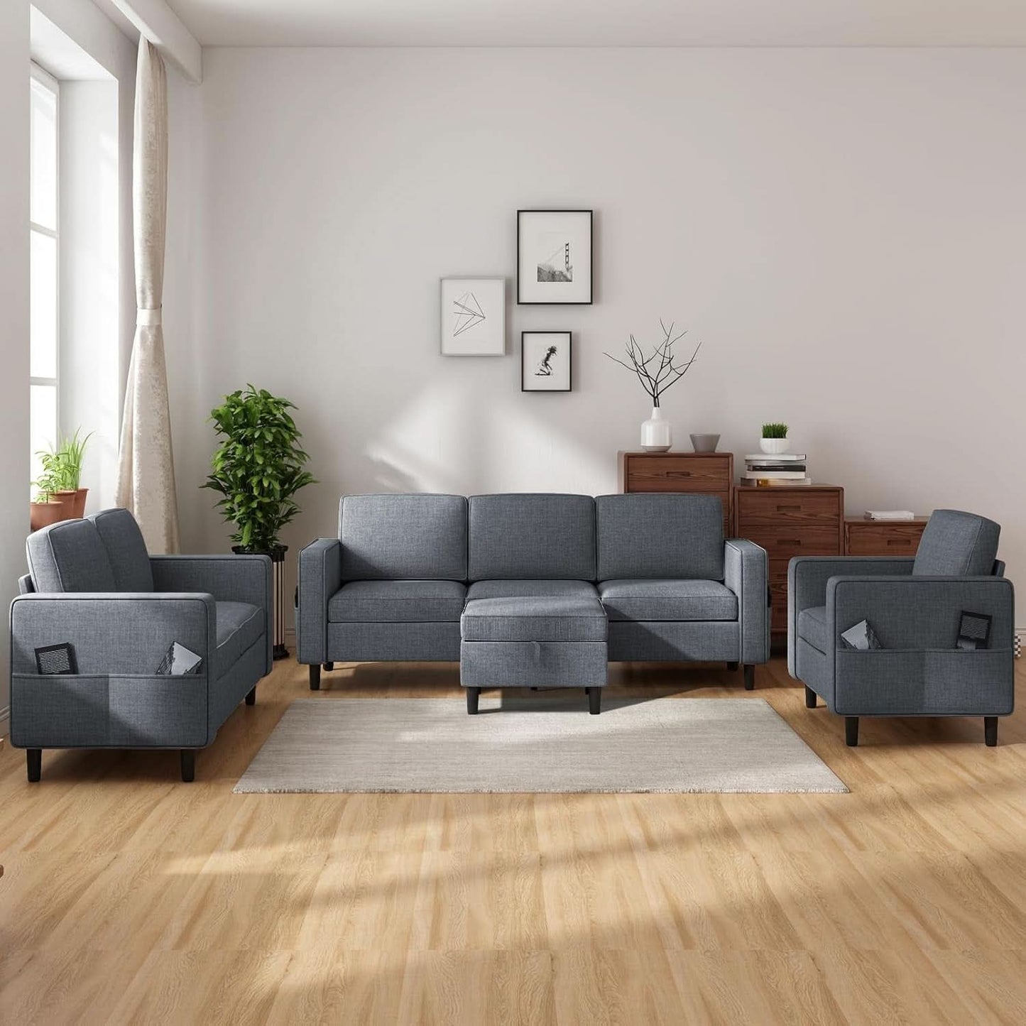 6 Seater Sectional Sofa In Dark Grey Linen With Ottoman