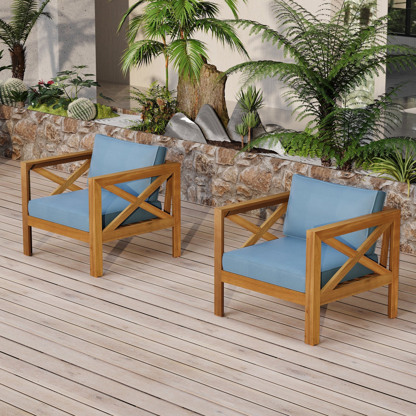 Patio Conversation Set Acacia Wood Armchairs Teak Finish Side Table Set of 2