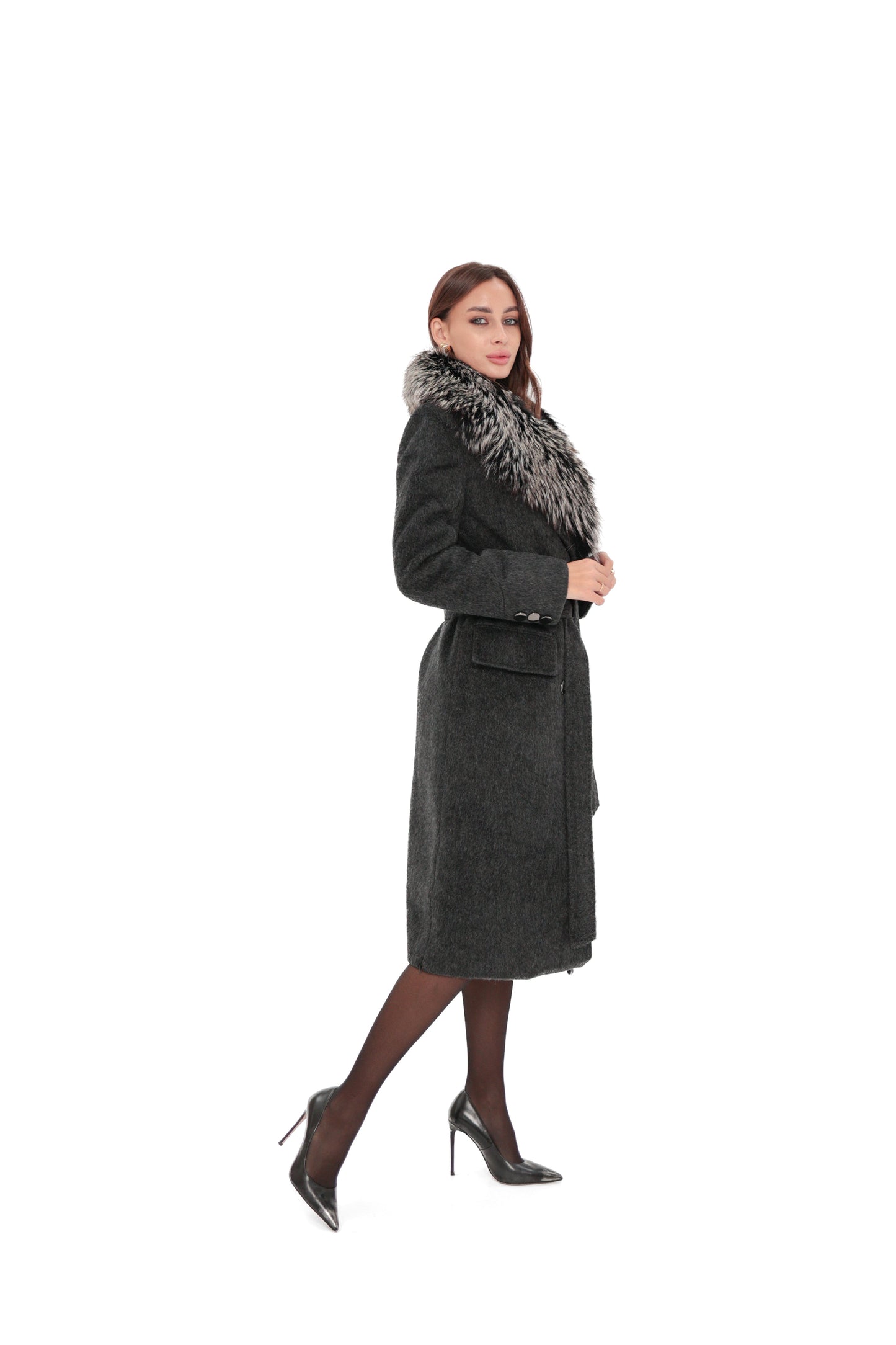 Genuine Silver Fox Cashmere Blend Coat