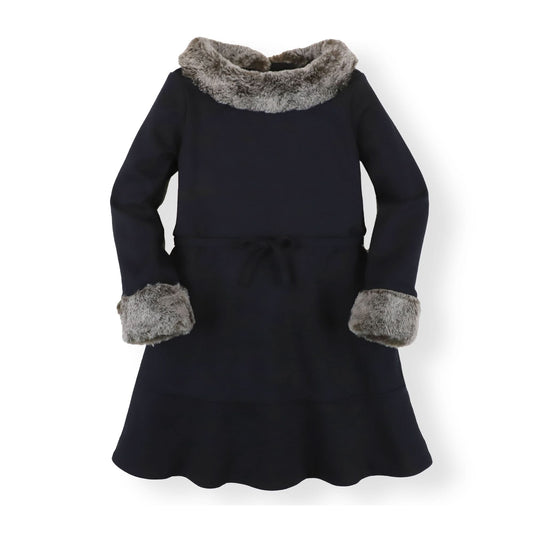 Long Sleeve Ponte Dress with Faux Fur