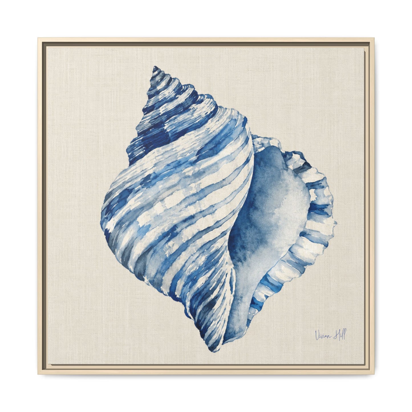 Blue Conch Shell Framed Original Print on Canvas Art — Coastal Navy Seashell Wall Decor 30'x30" | Vivian Hill, Bay & Bridle| Vivian Hill, Bay & Bridle