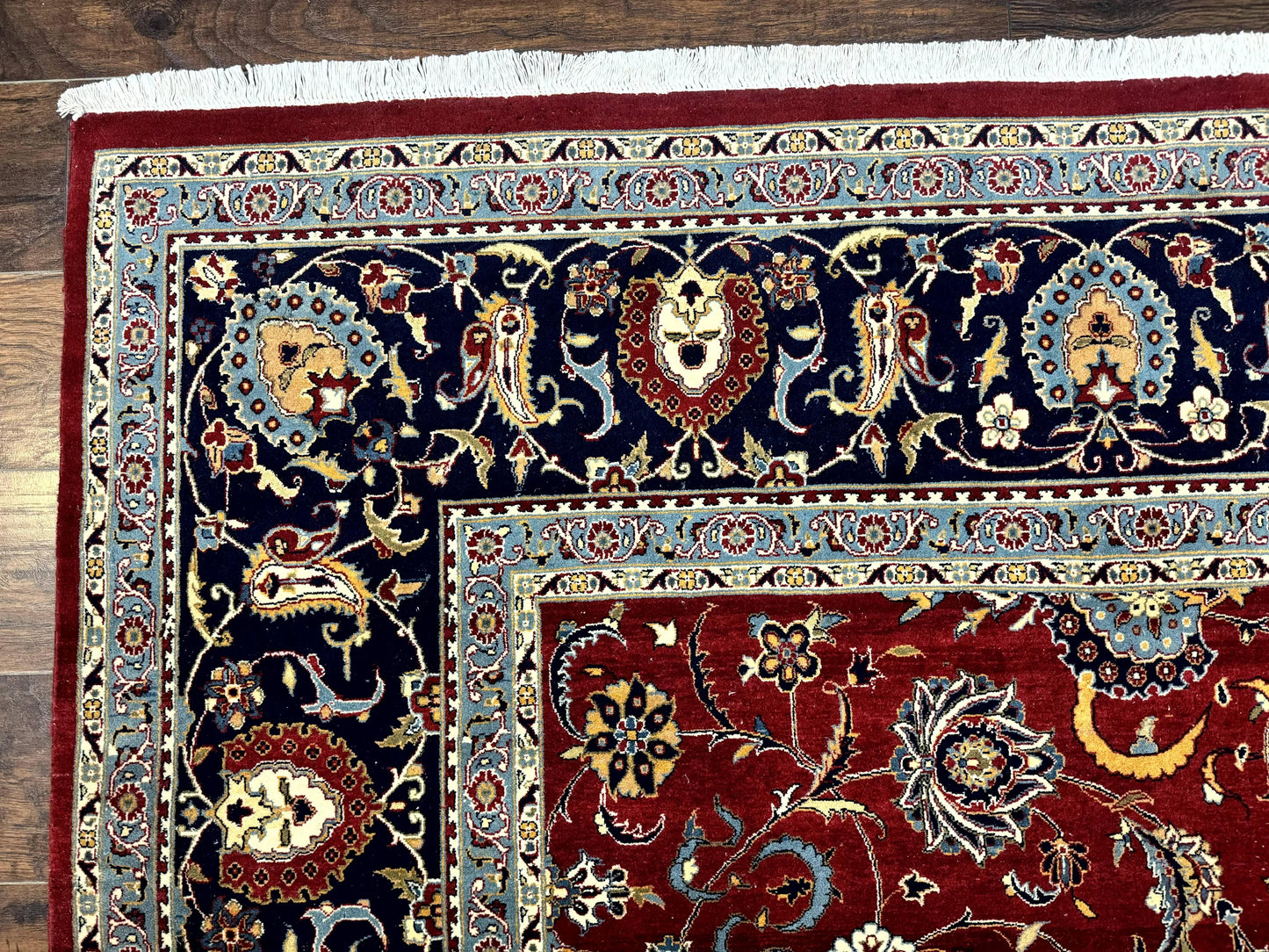 Pak Persian Rug 9x12, Red and Navy Blue, Floral Allover, Hand Knotted Vintage Wool Carpet, Fine 260 KPSI