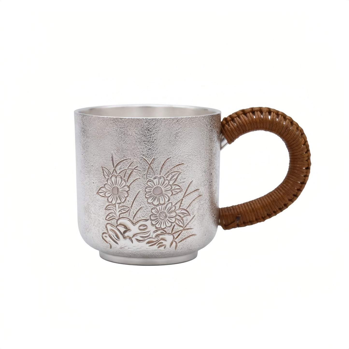 925 Sterling Silver Elegant Silver Tea Cup with Embossed Floral Design and Woven Rattan Handle - Handicraft