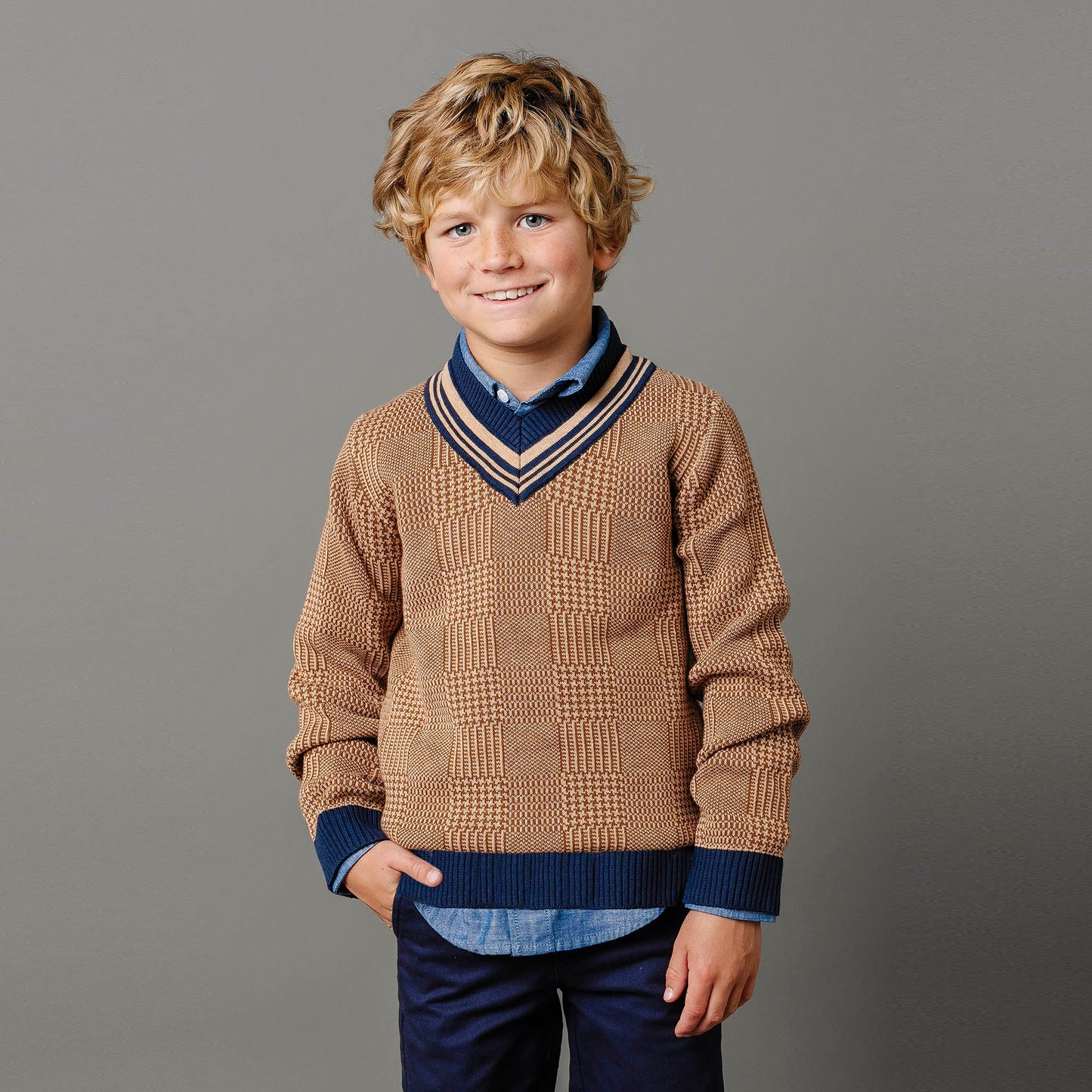 Organic Cotton Brown V-Neck Intarsia Cricket Sweater - Baby