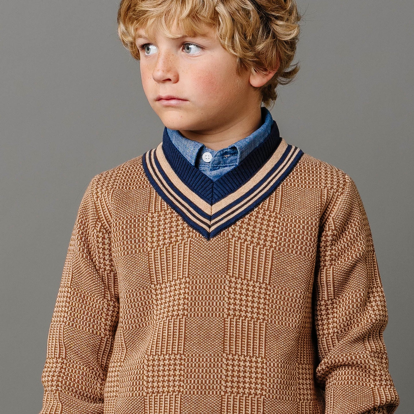 Organic Cotton Brown V-Neck Intarsia Cricket Sweater - Baby