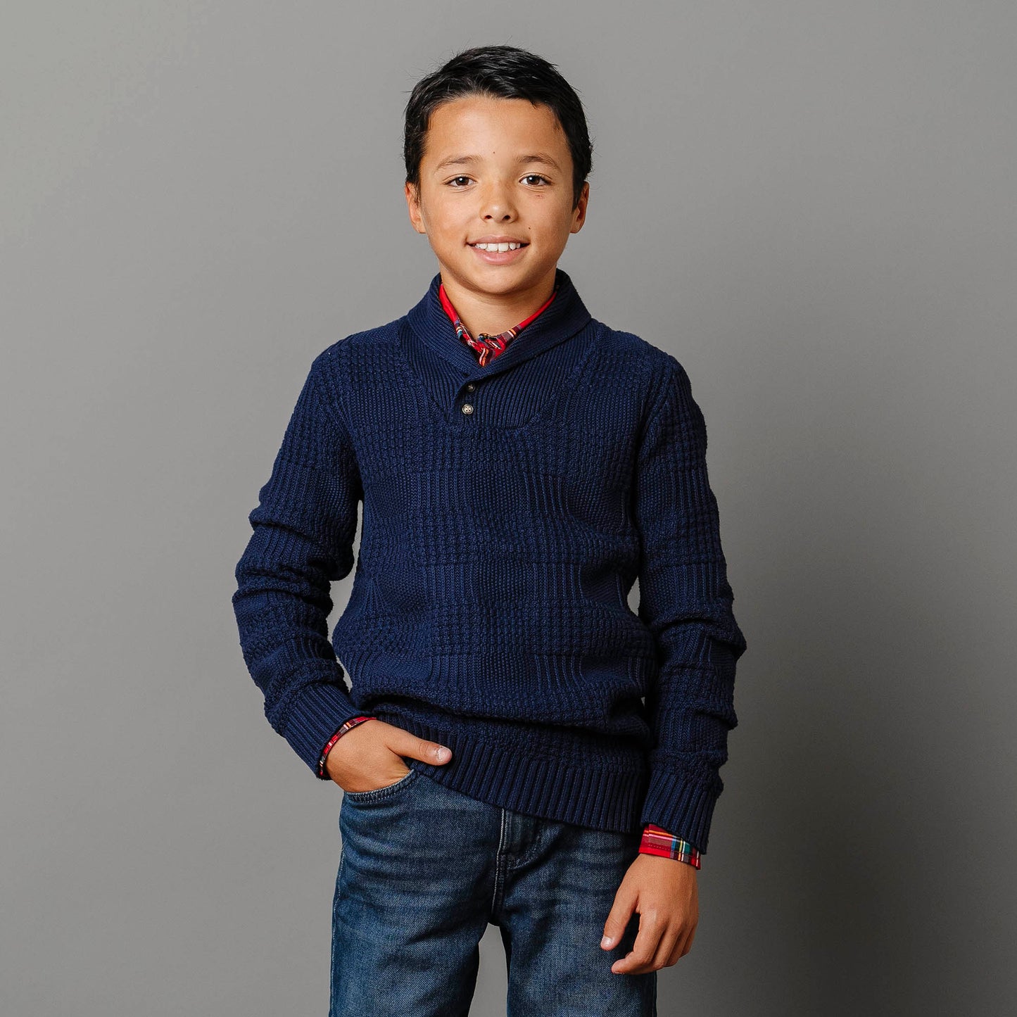 Organic Cotton Navy Textured Shawl Collar Sweater