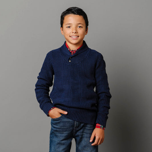 Organic Cotton Navy Textured Shawl Collar Sweater