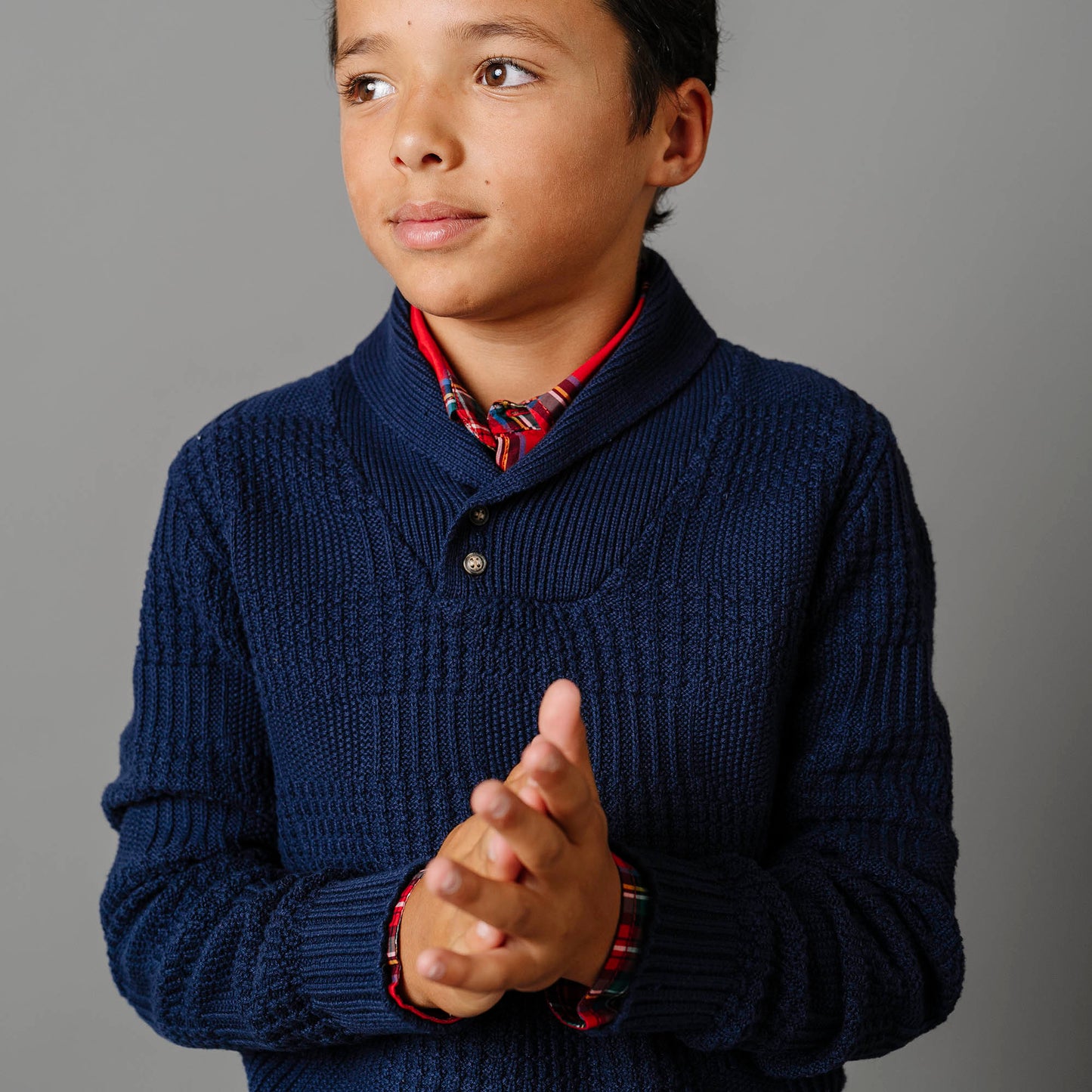 Organic Cotton Navy Textured Shawl Collar Sweater