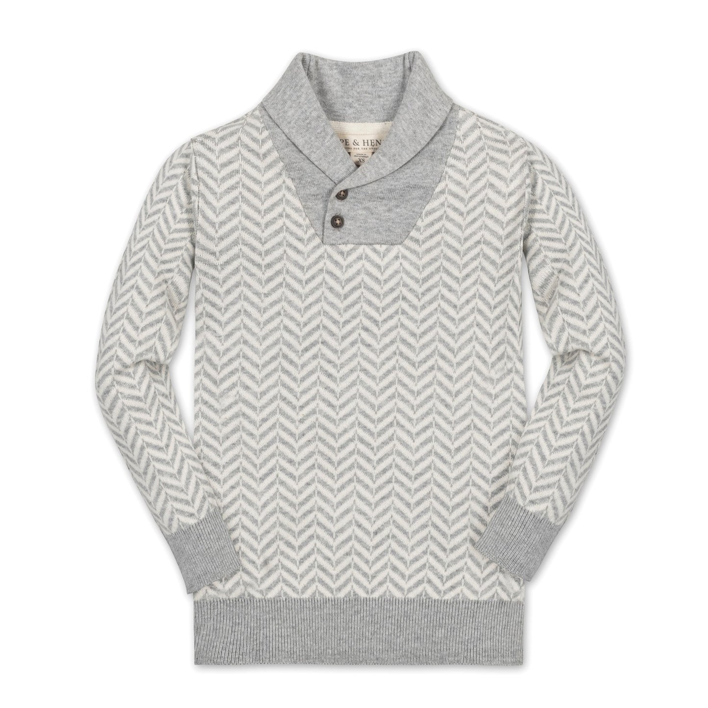 Organic Cotton Grey & White Chevron Intarsia Shawl Collar Sweater