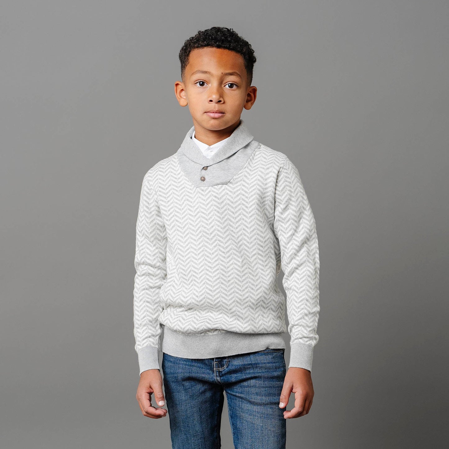 Organic Cotton Grey & White Chevron Intarsia Shawl Collar Sweater