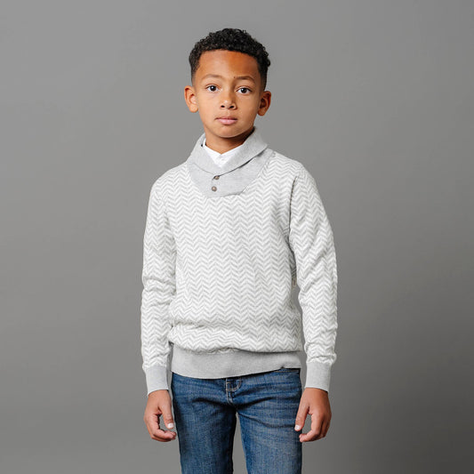 Organic Cotton Grey & White Chevron Intarsia Shawl Collar Sweater
