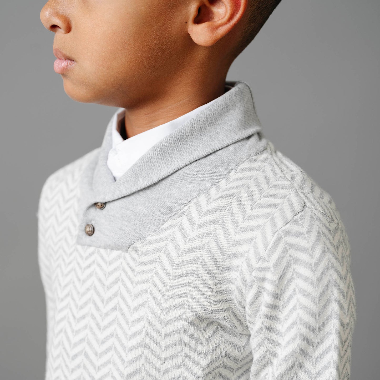 Organic Cotton Grey & White Chevron Intarsia Shawl Collar Sweater