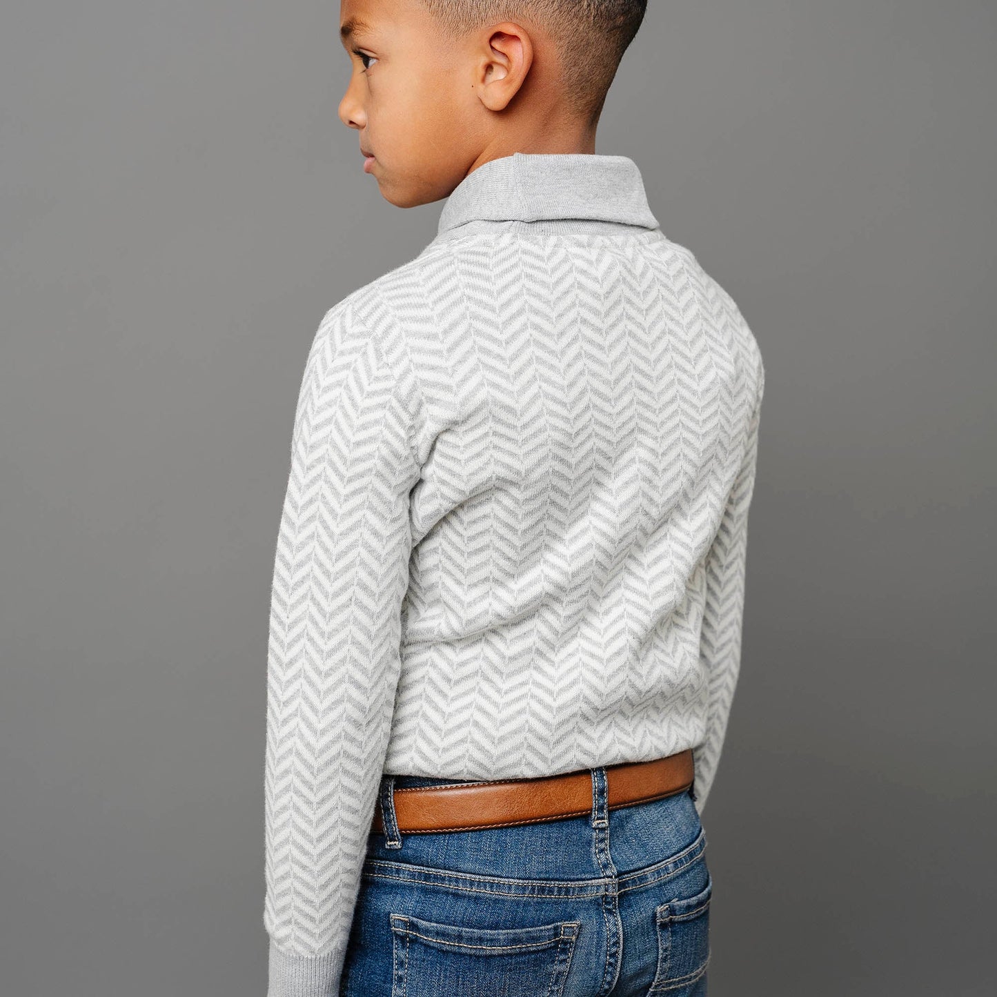 Organic Cotton Grey & White Chevron Intarsia Shawl Collar Sweater