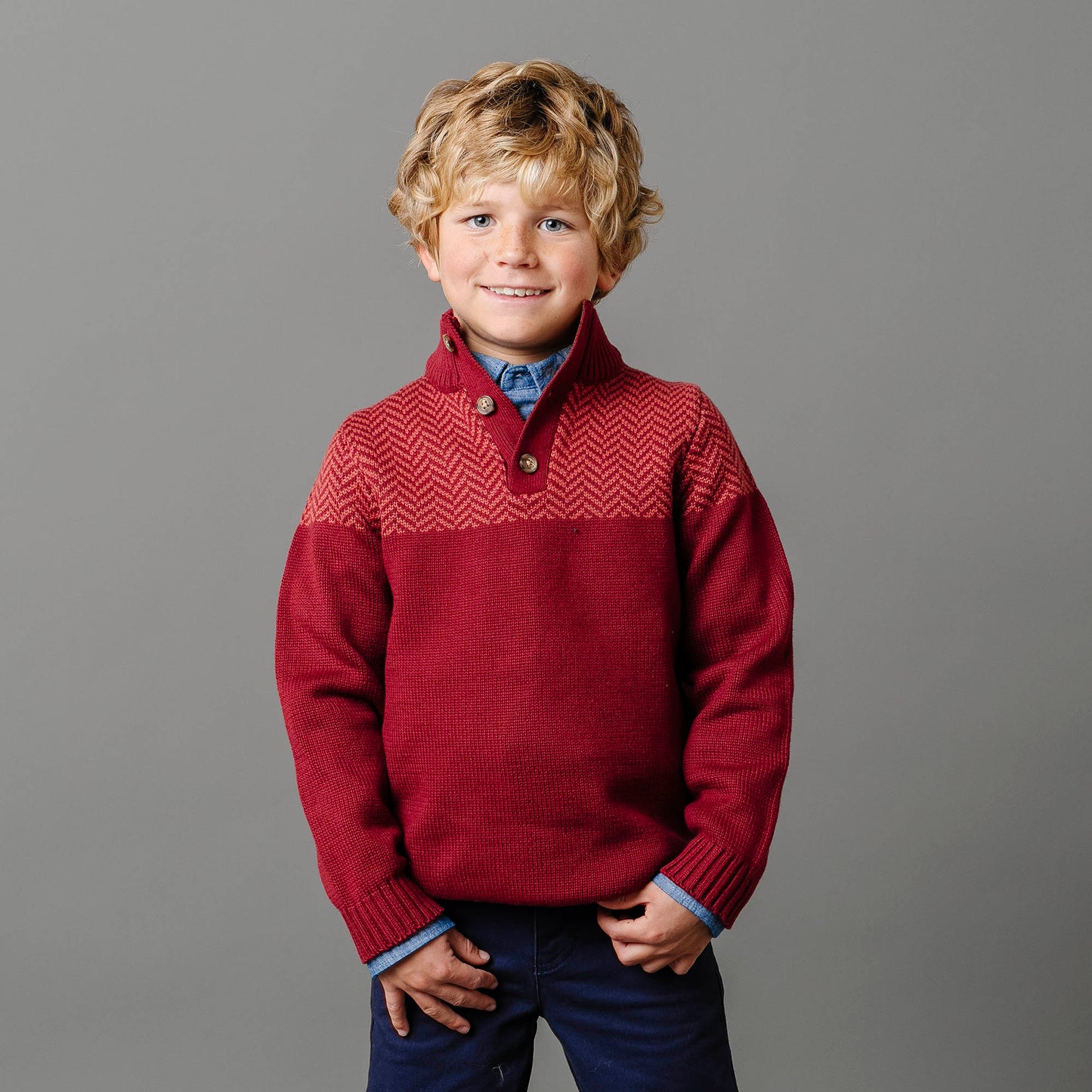 Organic Cotton Red Intarsia Yoke Mock Neck Sweater - Baby