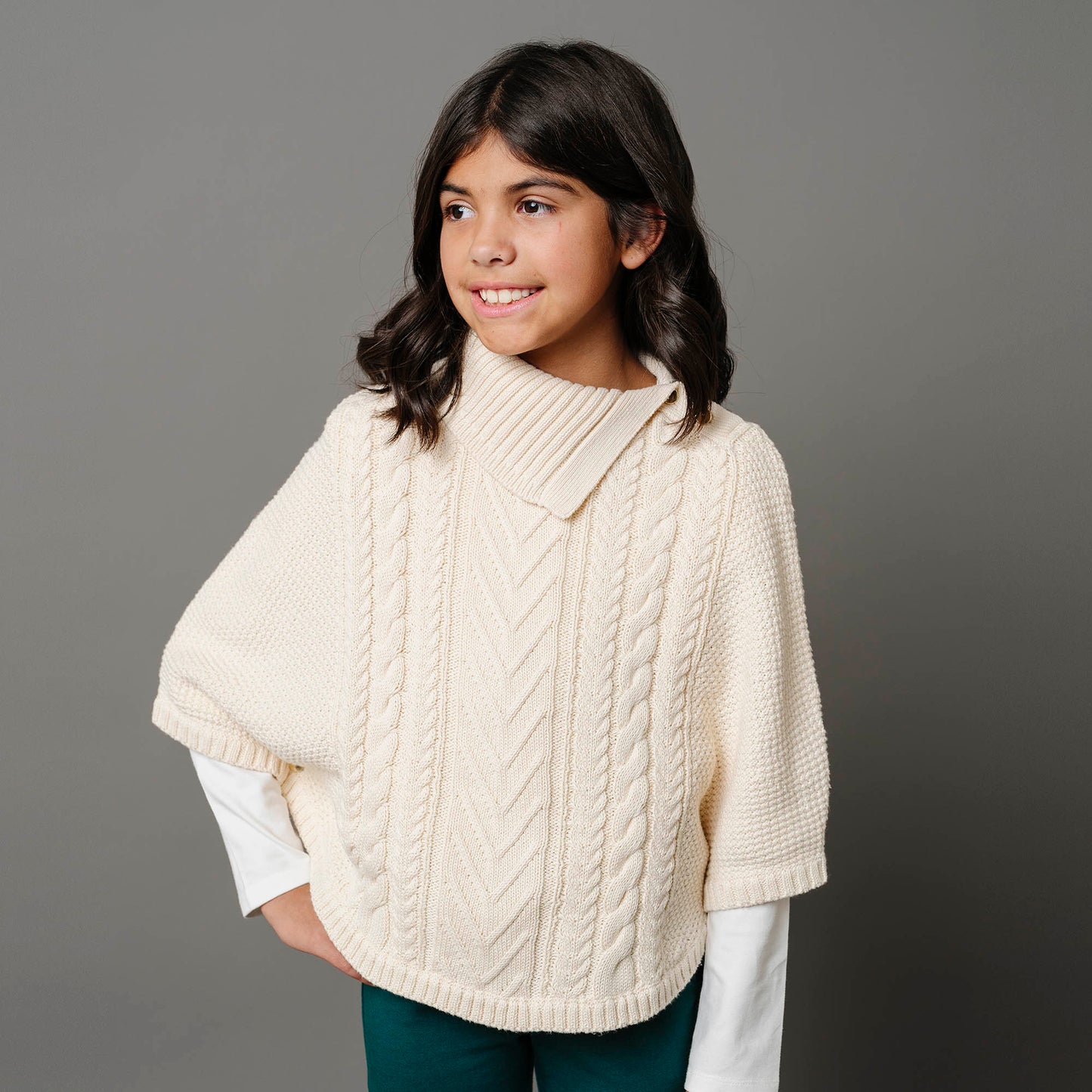 Organic Cotton White Cable Knit Split Collar Sweater Cape - Baby