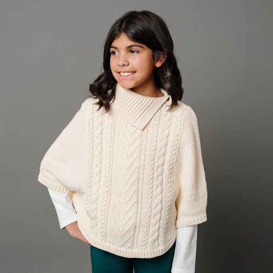 Organic Cotton White Cable Knit Split Collar Sweater Cape - Baby