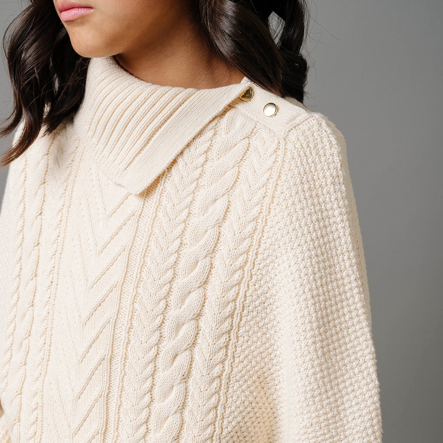Organic Cotton White Cable Knit Split Collar Sweater Cape - Baby
