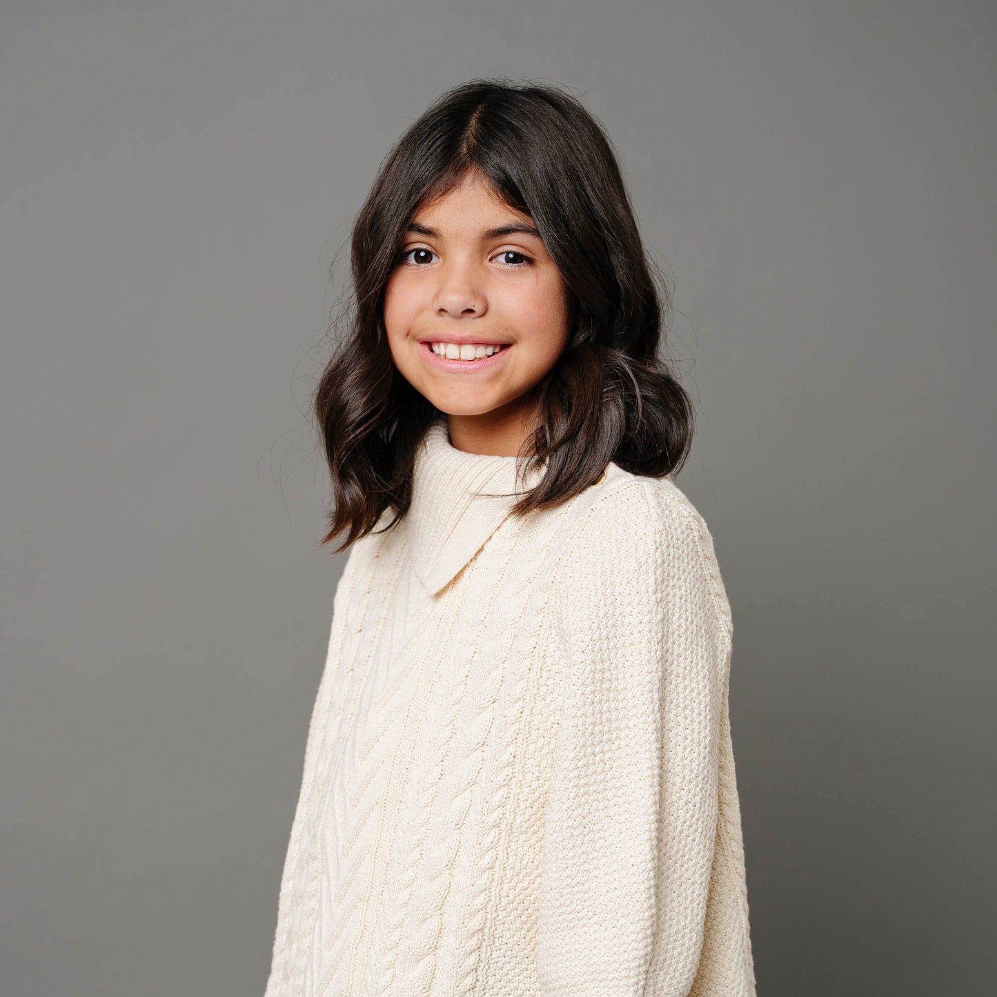 Organic Cotton White Cable Knit Split Collar Sweater Cape - Baby
