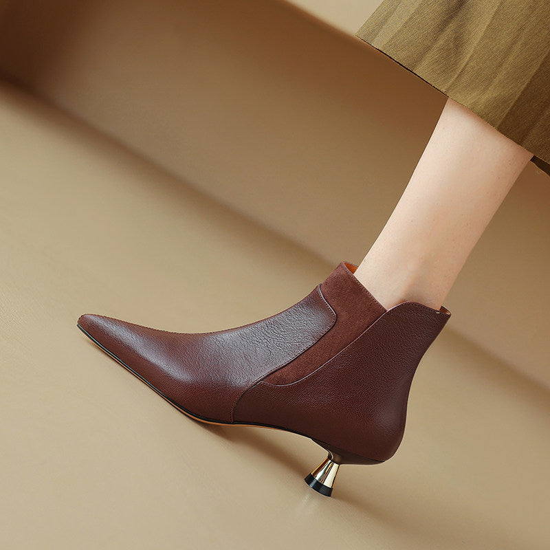 Women's Genuine Leather Pointed-Toe Kitten Heel Ankle Boots | Side Zipper | Black & Brown