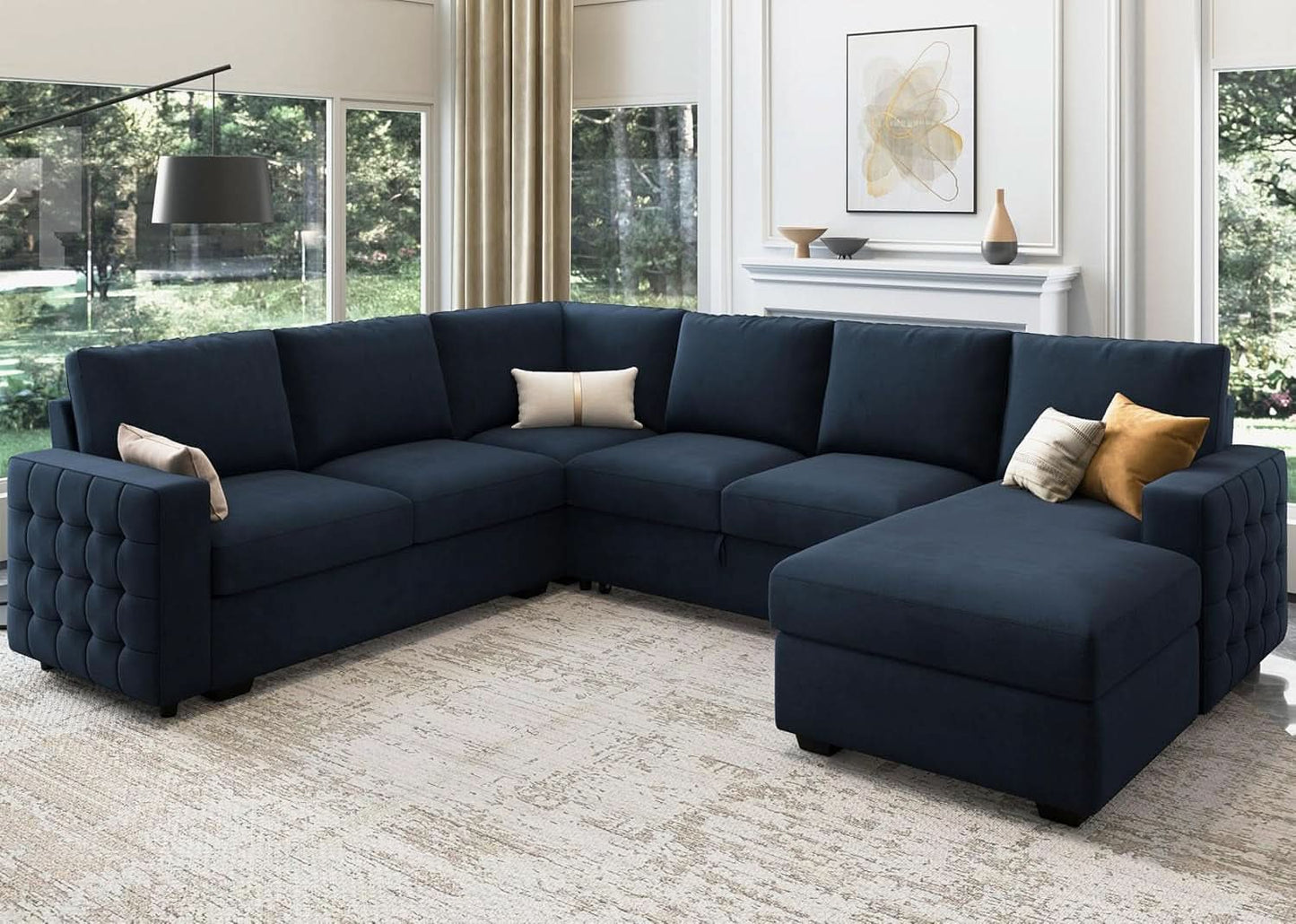Blue Velvet U Shaped Sleeper Sofa With Pull Out Bed