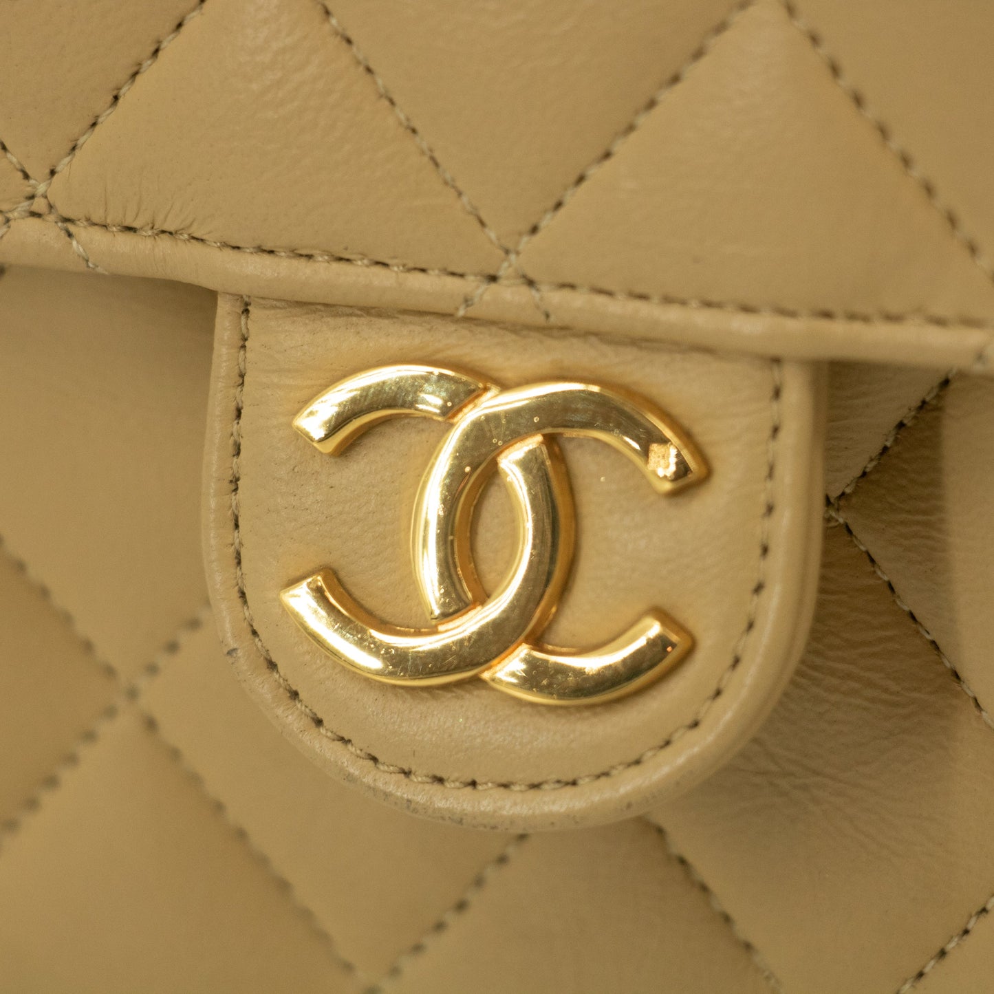 Chanel Lamb Skin Beige Single Flap Gold Hardware Shoulder Bag-#2545
