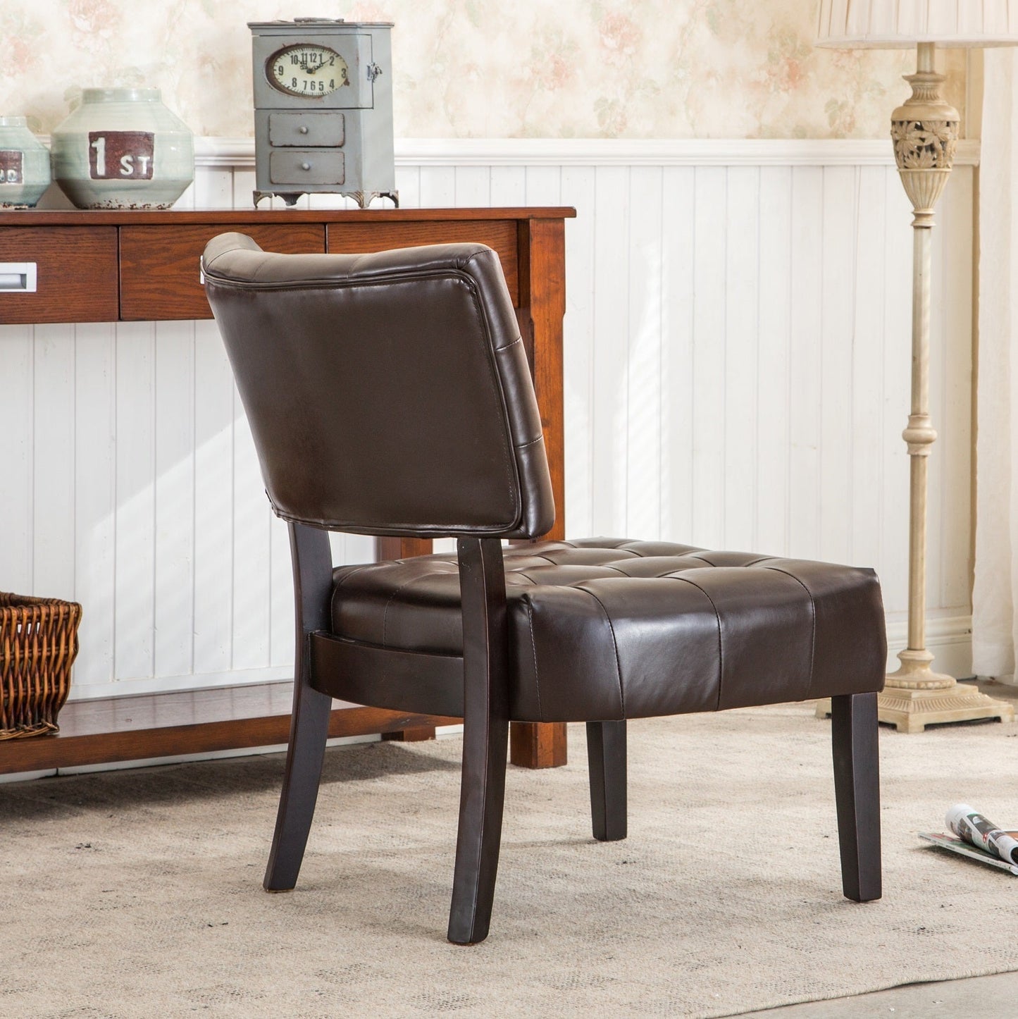 Accent Chair Tufted PU Leather Brown Oversized Hardwood Frame 27x31x34 In