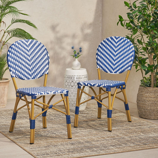 Outdoor Rattan and Aluminum French Armless Bistro Chairs Set of Two - Navy Blue and White