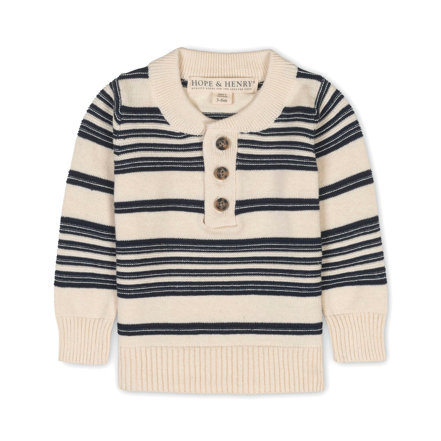 Organic Cotton Striped Sweater Henley with Elbow Patches