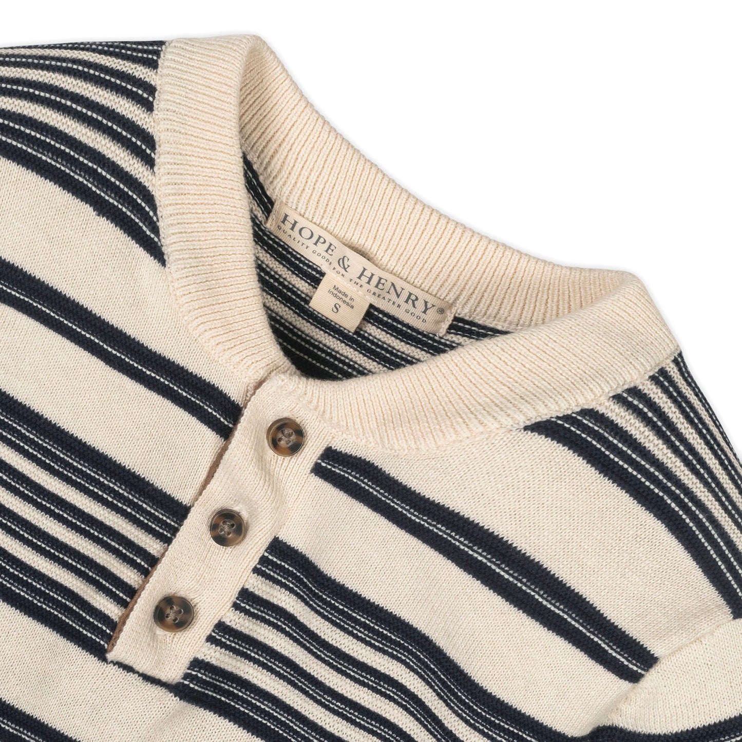 Organic Cotton Striped Sweater Henley with Elbow Patches