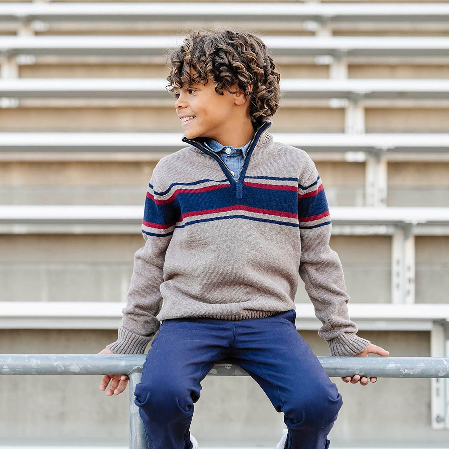 Organic Cotton Brown/Navy/Red Half Zip Sweater