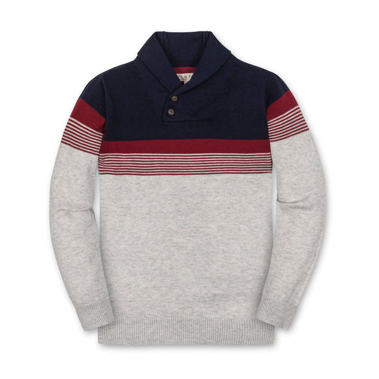 Organic Cotton Red/White/Blue Knit Shawl Collar Sweater