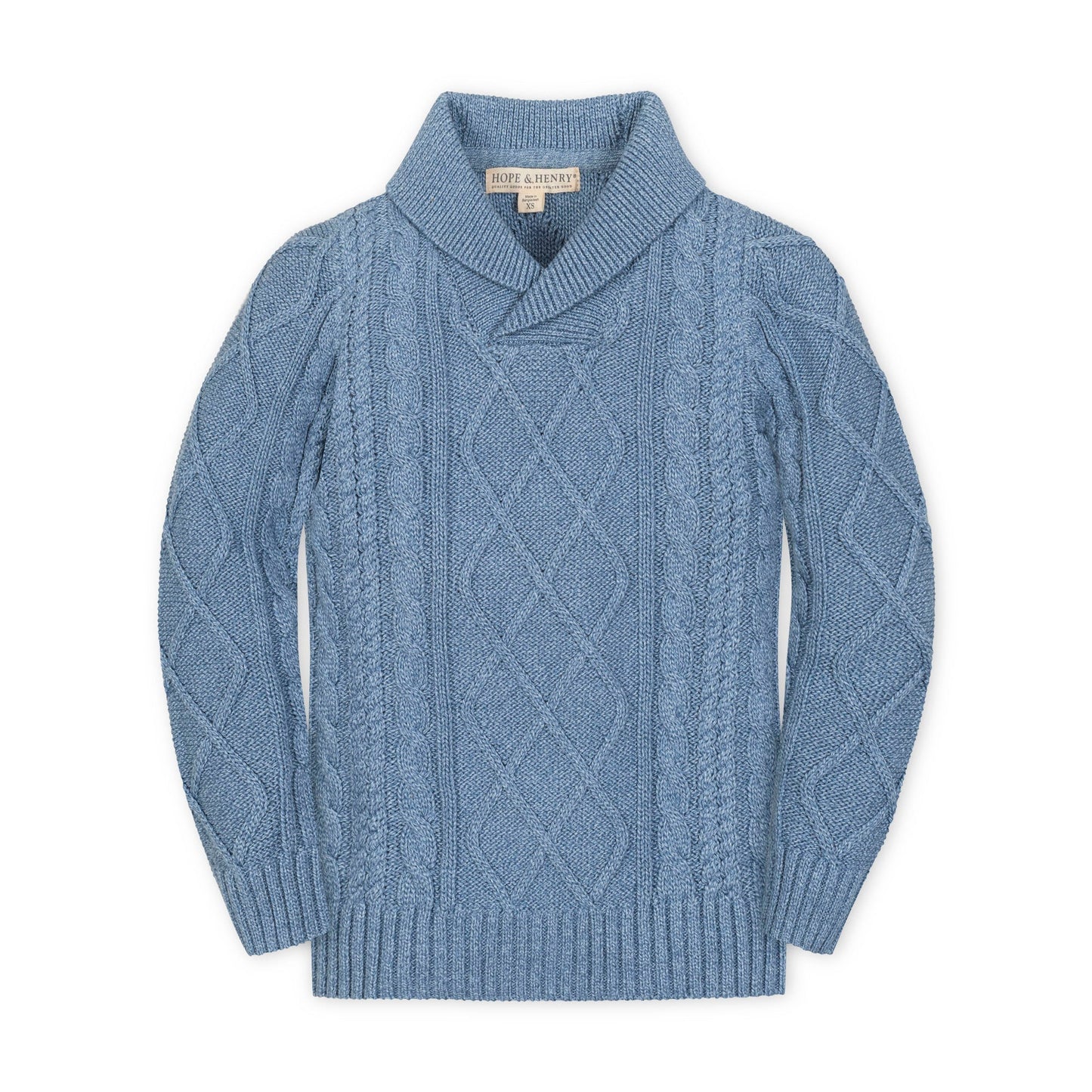 Organic Cotton Blue Cable Knit Shawl Collar Sweater